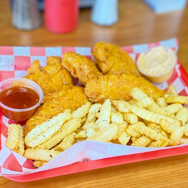 Milan's Honey Hot Chicken Strips (5 pc) and Fries.